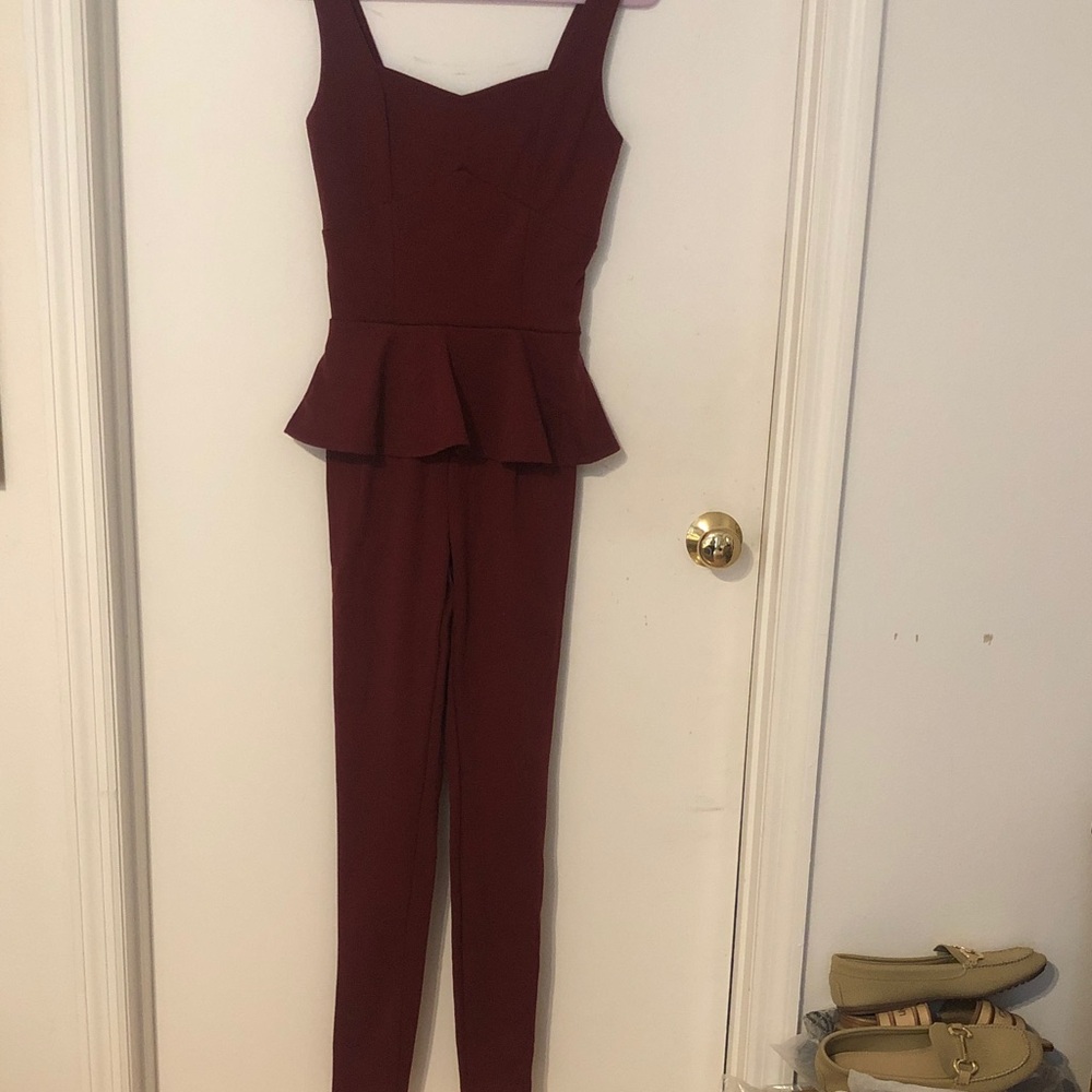 Charlotte Russe Sleeveless Peplum Jumpsuit in Burgundy